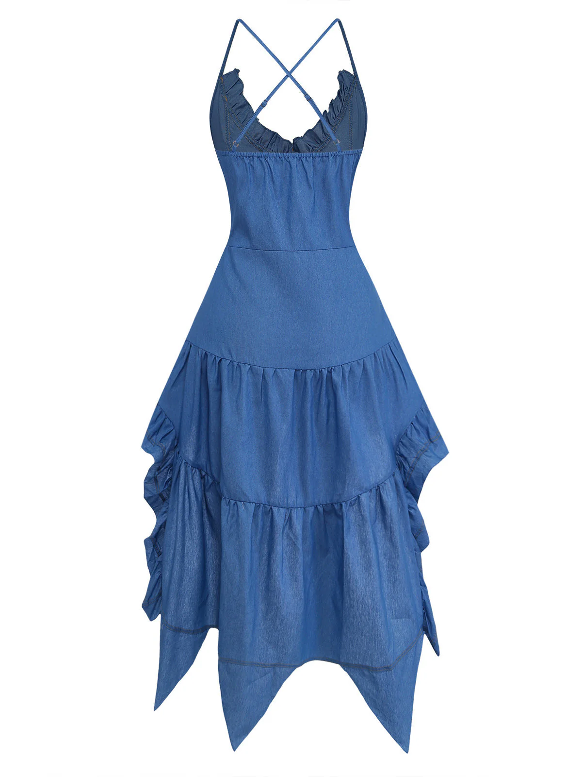Blau 1960er Spaghetti Träger Denim High-Low-Saum Kleid - Image 3