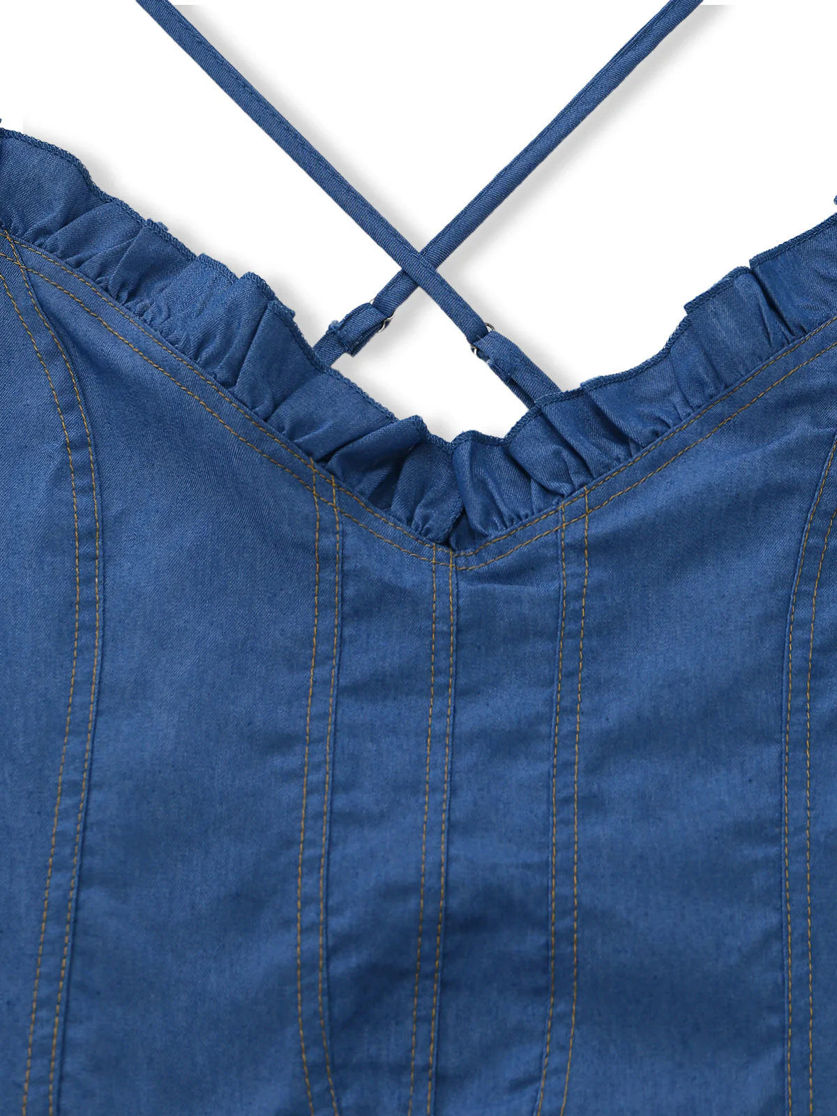Blau 1960er Spaghetti Träger Denim High-Low-Saum Kleid - Image 4