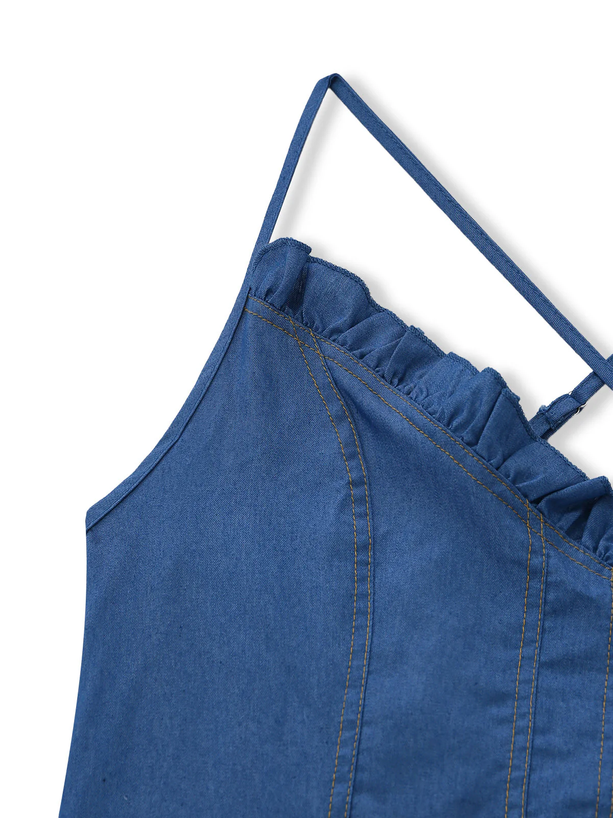 Blau 1960er Spaghetti Träger Denim High-Low-Saum Kleid - Image 5