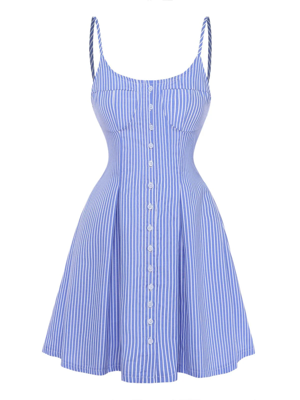 Blau 1960er Streifen Knöpfe Spaghetti Träger A-Linie Kleid - Image 2