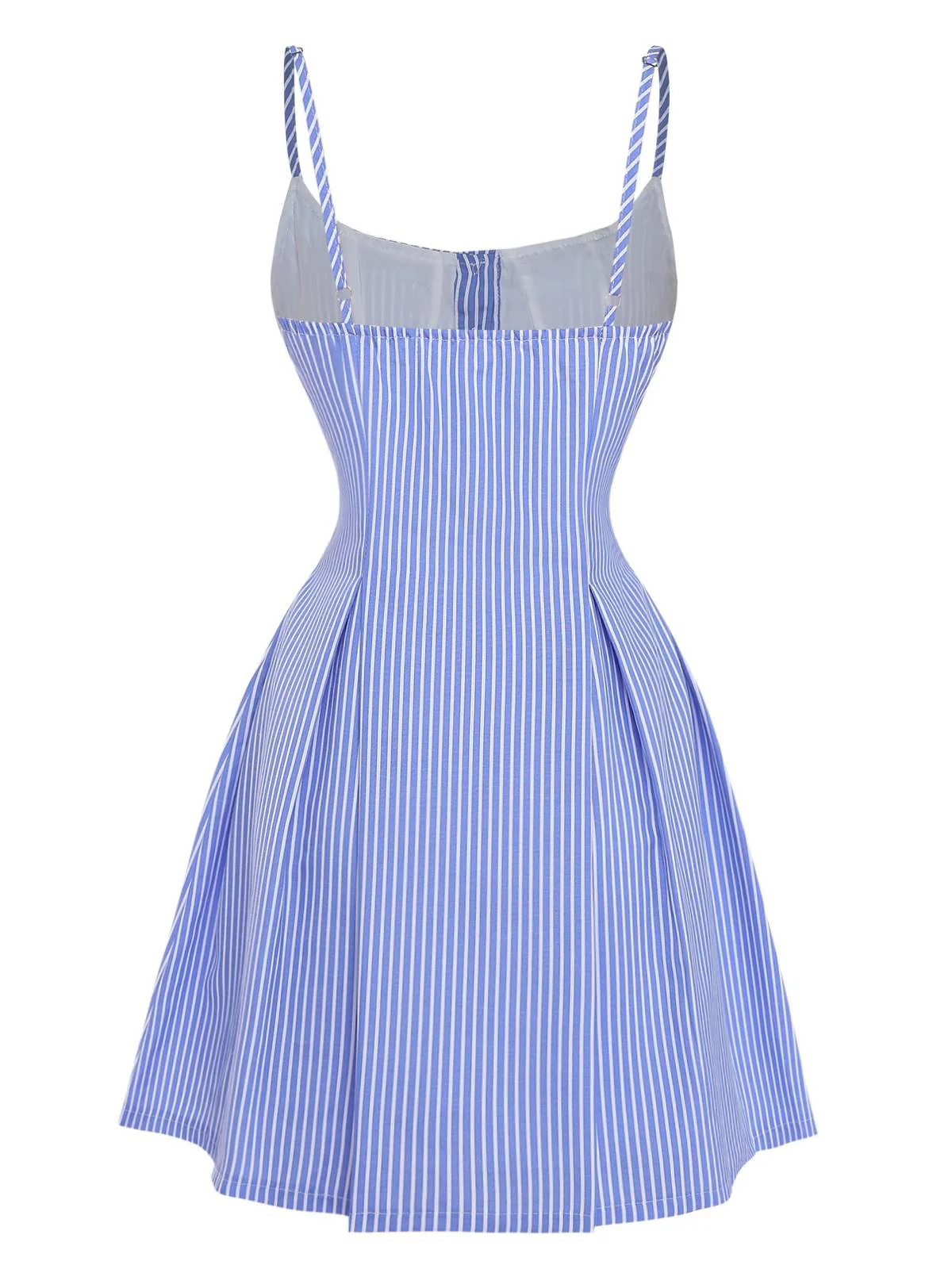 Blau 1960er Streifen Knöpfe Spaghetti Träger A-Linie Kleid - Image 3