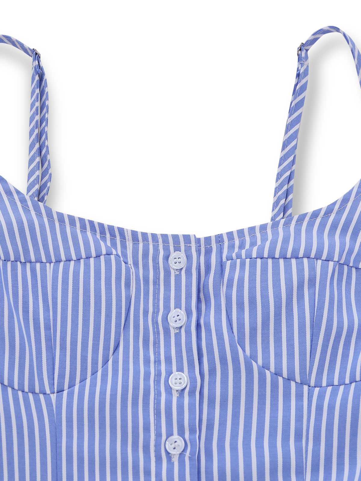 Blau 1960er Streifen Knöpfe Spaghetti Träger A-Linie Kleid - Image 5