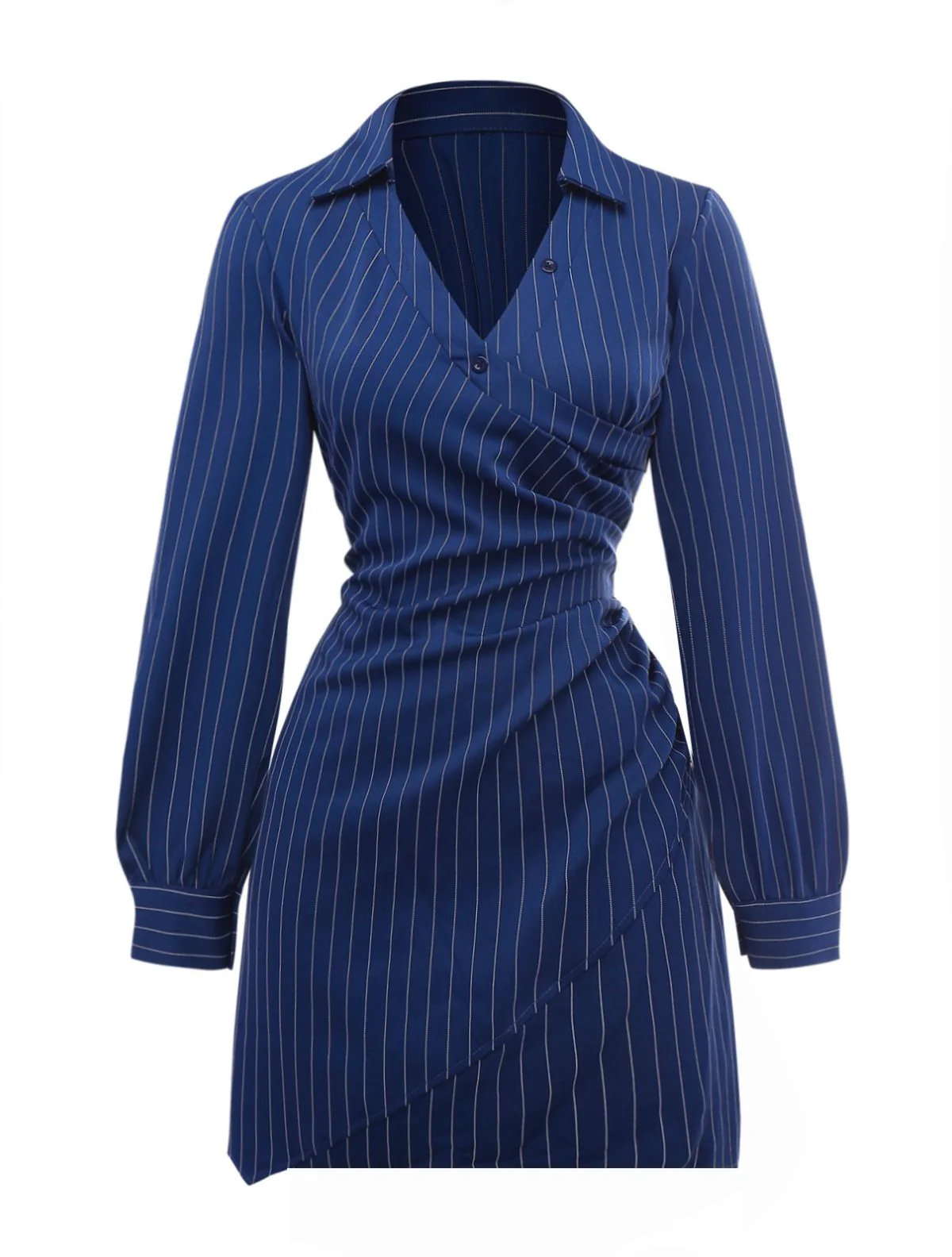 Blau 1960er V-Ausschnitt Wickeln Streifen Hemd Kleid - Image 2