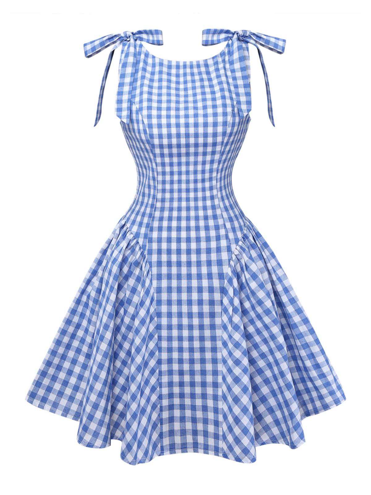 Blau 1960er Vichy Kariert Schulterbindung Empire Kleid - Image 2
