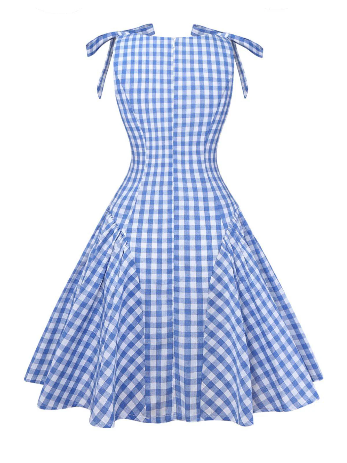 Blau 1960er Vichy Kariert Schulterbindung Empire Kleid - Image 3