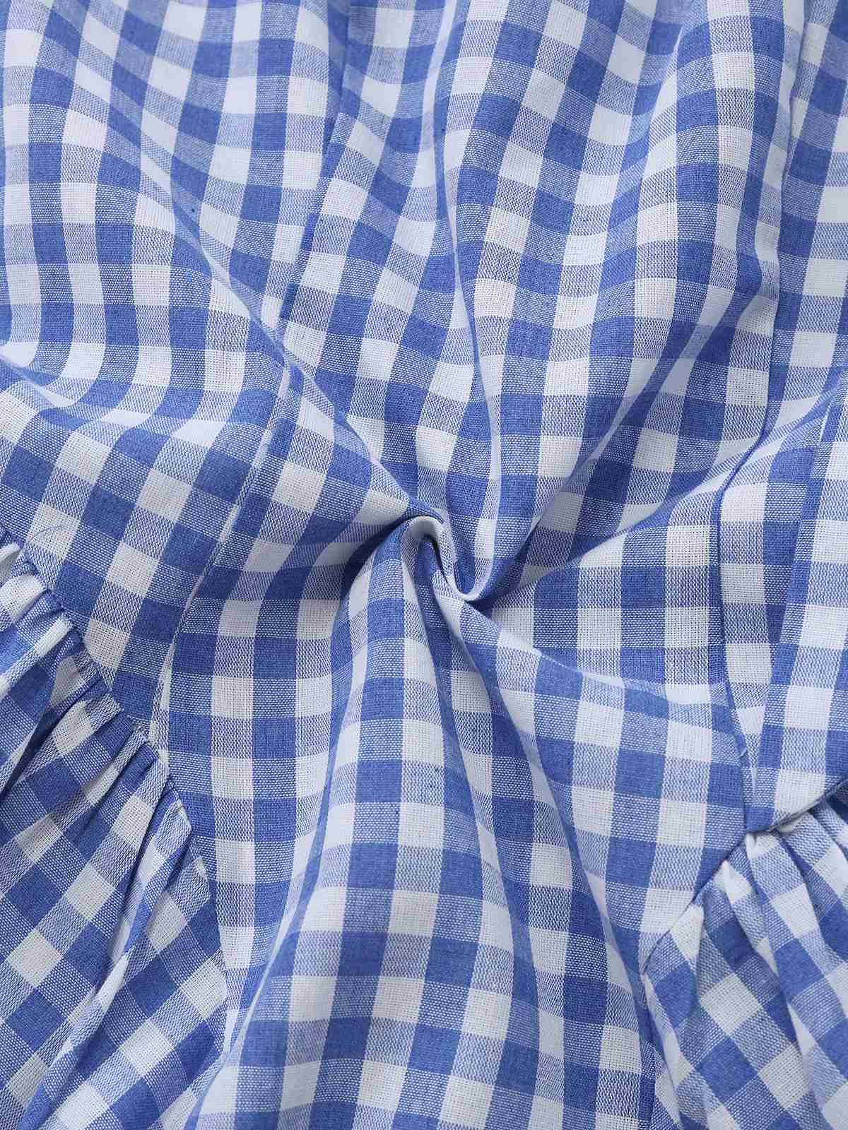 Blau 1960er Vichy Kariert Schulterbindung Empire Kleid - Image 7