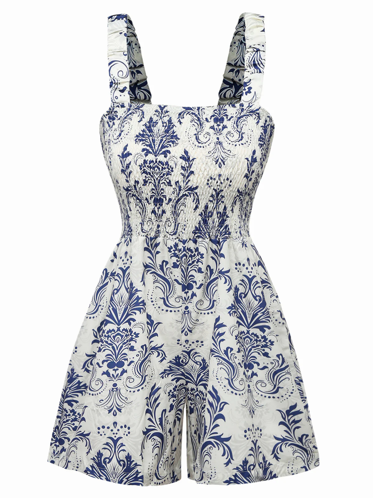 Blau 1970er Barock Gesmokt Träger Romper - Image 2