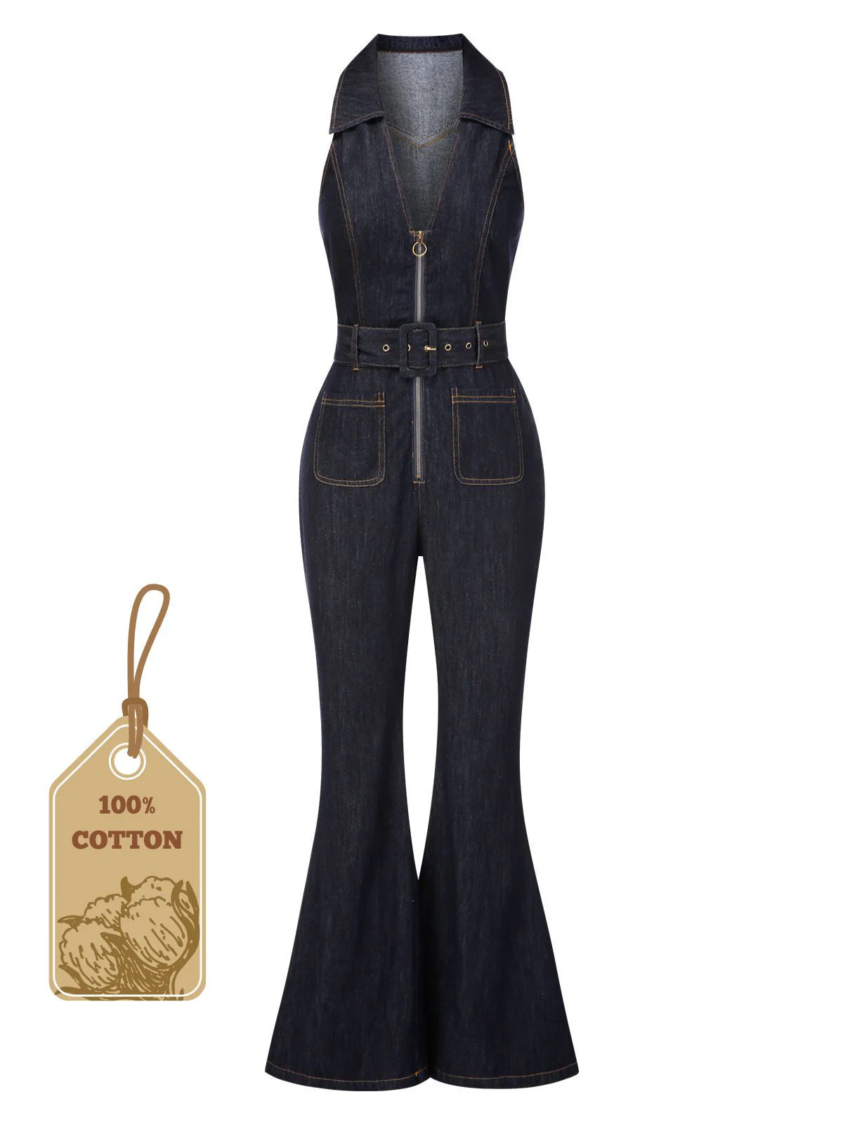 Blau 1970er Baumwolle Denim Ausgestellter Jumpsuit - Image 5