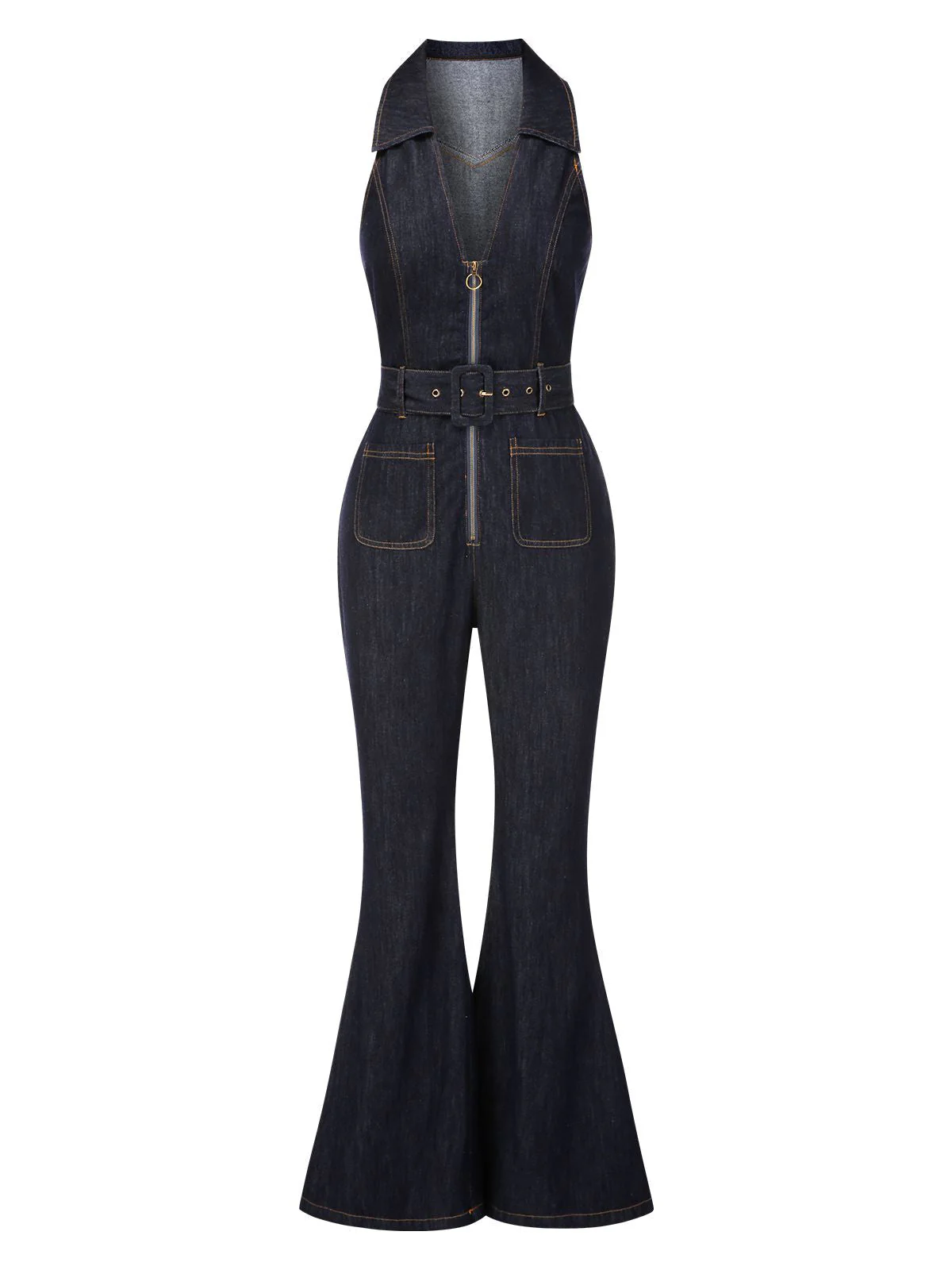 Blau 1970er Baumwolle Denim Ausgestellter Jumpsuit - Image 3