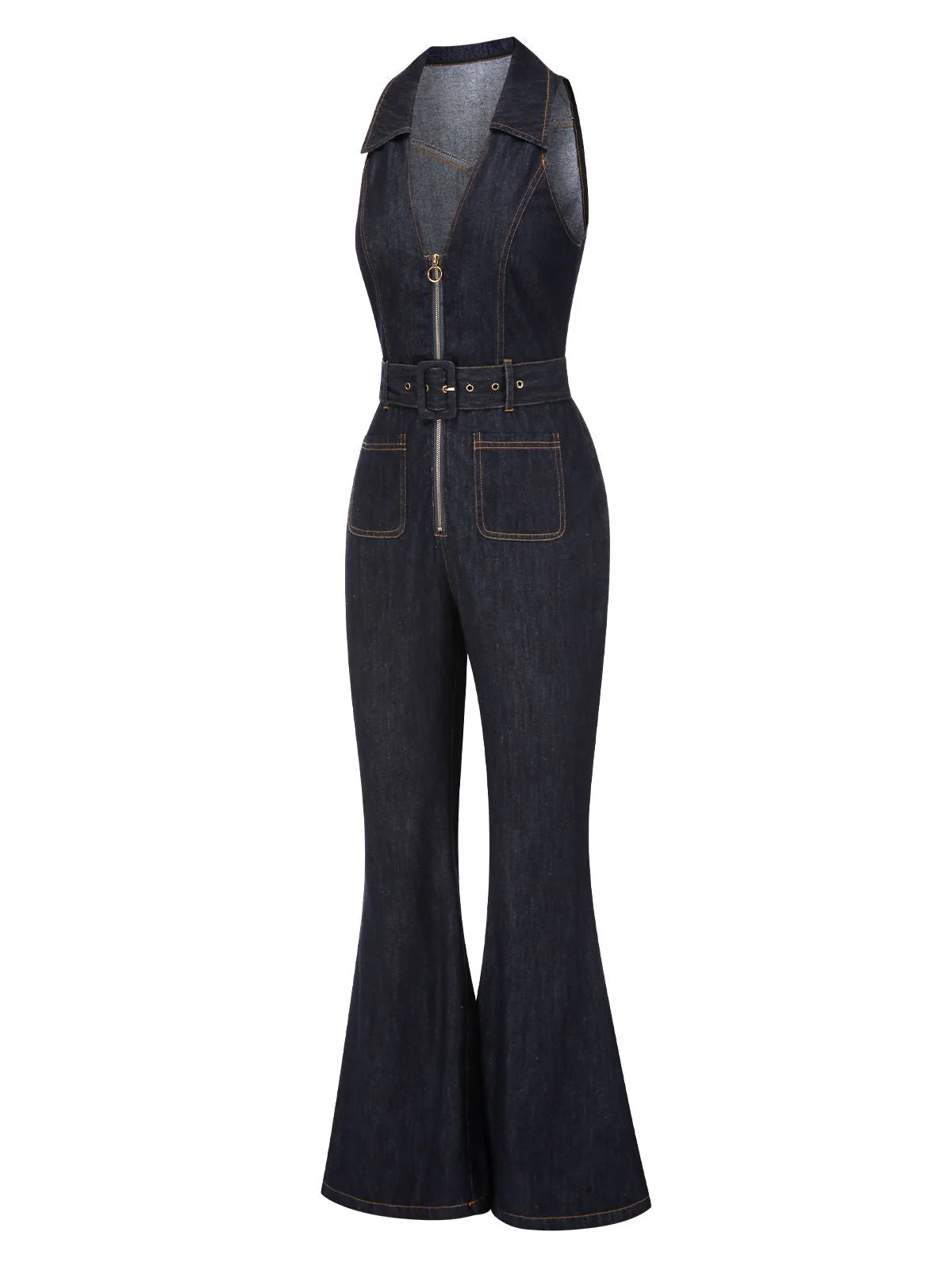Blau 1970er Baumwolle Denim Ausgestellter Jumpsuit - Image 4