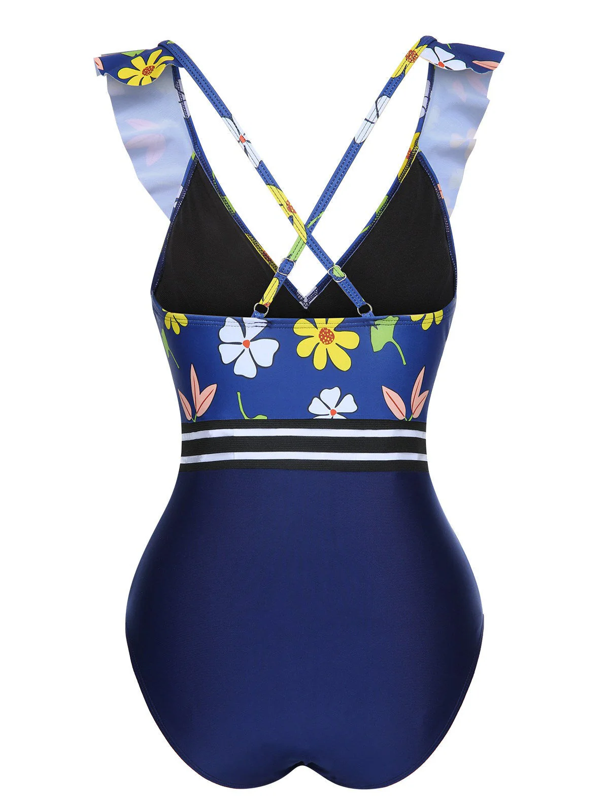 Blau 1970er Blumen Patchwork Einteiliger Badeanzug - Image 3