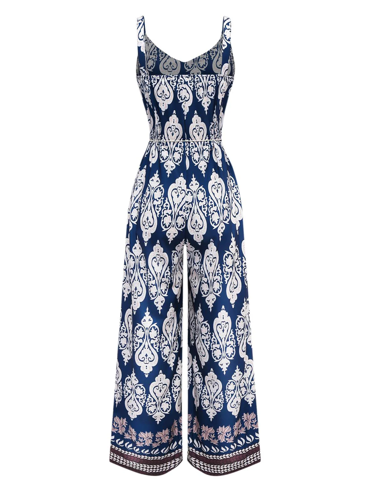 Blau 1970er Boho Ethnisch Drucken Träger Gürtel Jumpsuit - Image 2