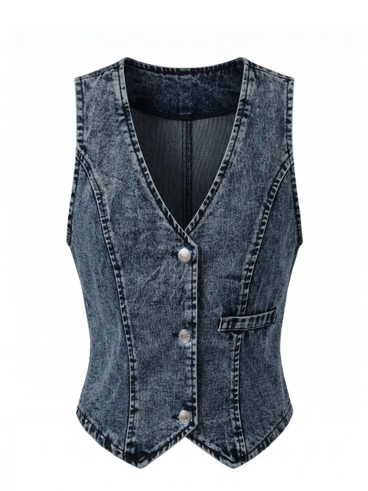 Blau 1970er Denim V-Ausschnitt Ärmellos Knopf Top - Image 2
