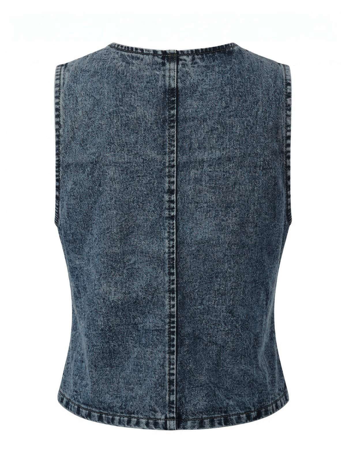 Blau 1970er Denim V-Ausschnitt Ärmellos Knopf Top - Image 3
