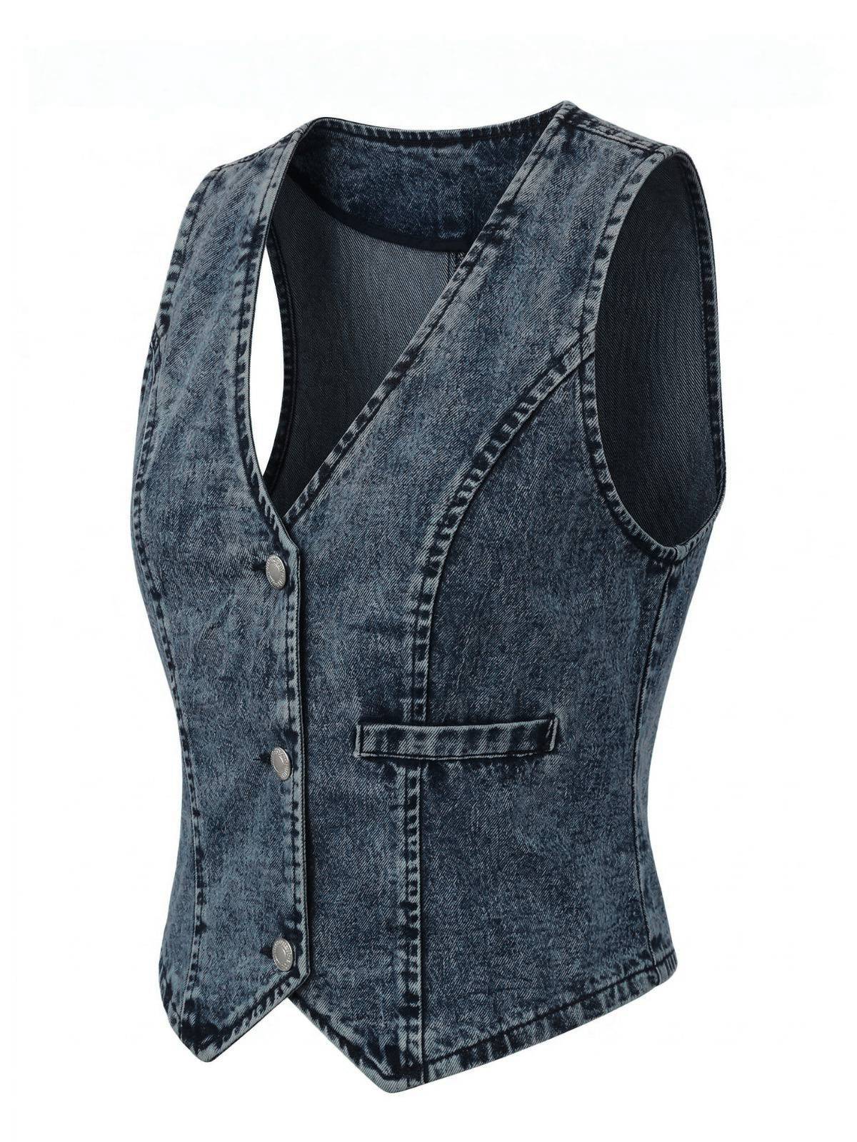 Blau 1970er Denim V-Ausschnitt Ärmellos Knopf Top - Image 4