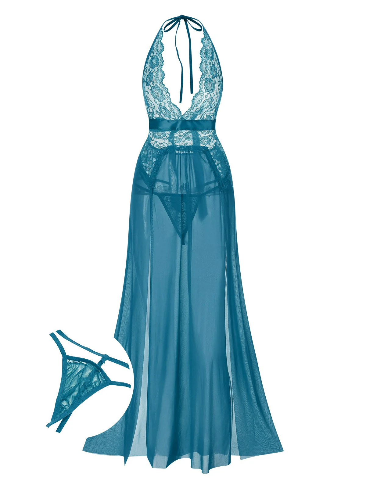 Blau 1970er Halter Sheer Spitze Schlitz Lang Nachthemd