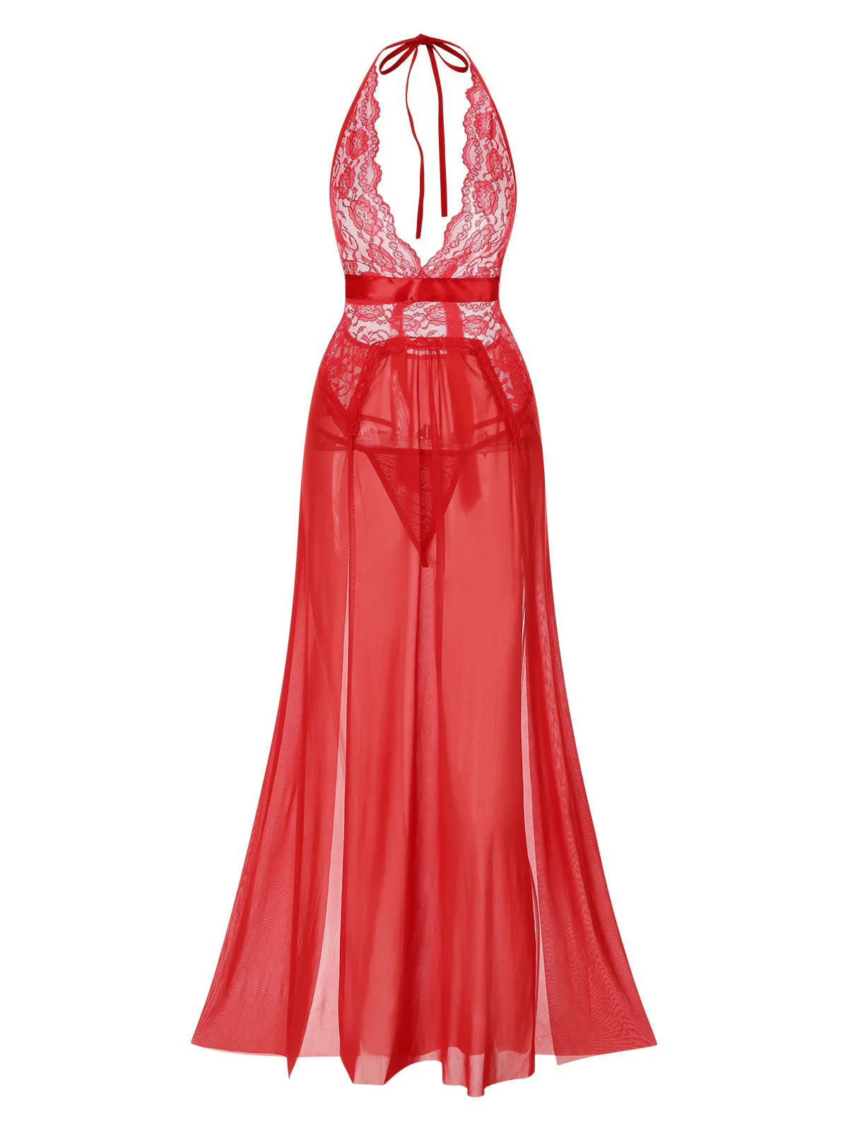 Blau 1970er Halter Sheer Spitze Schlitz Lang Nachthemd - Image 10