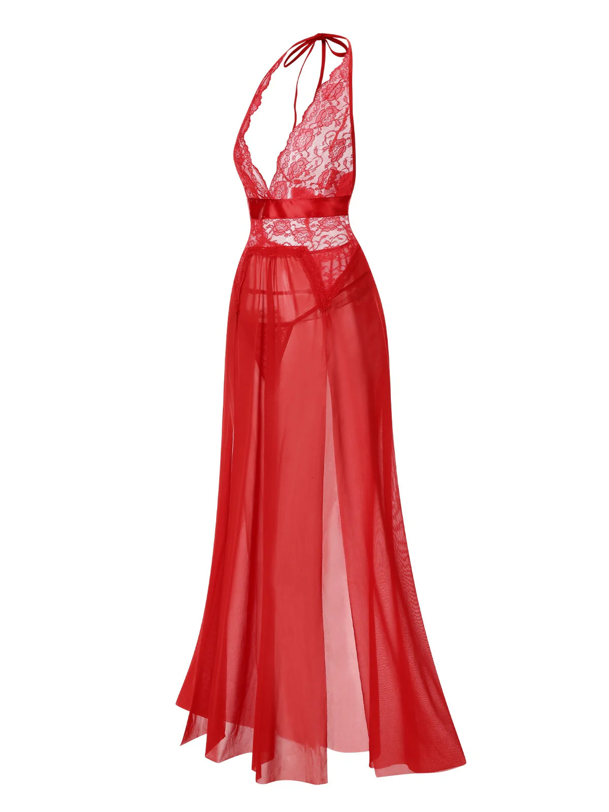 Blau 1970er Halter Sheer Spitze Schlitz Lang Nachthemd - Image 11
