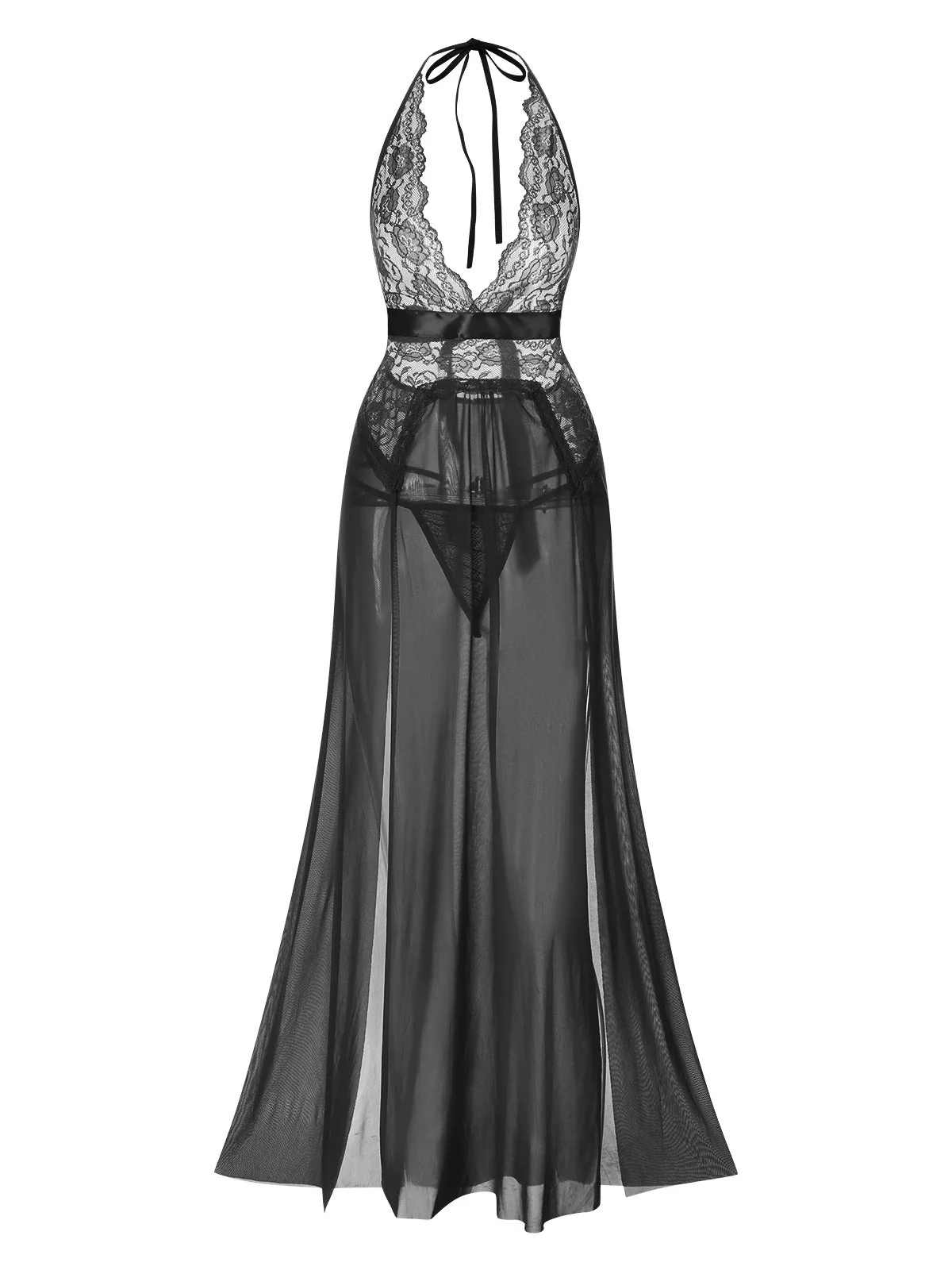 Blau 1970er Halter Sheer Spitze Schlitz Lang Nachthemd - Image 14