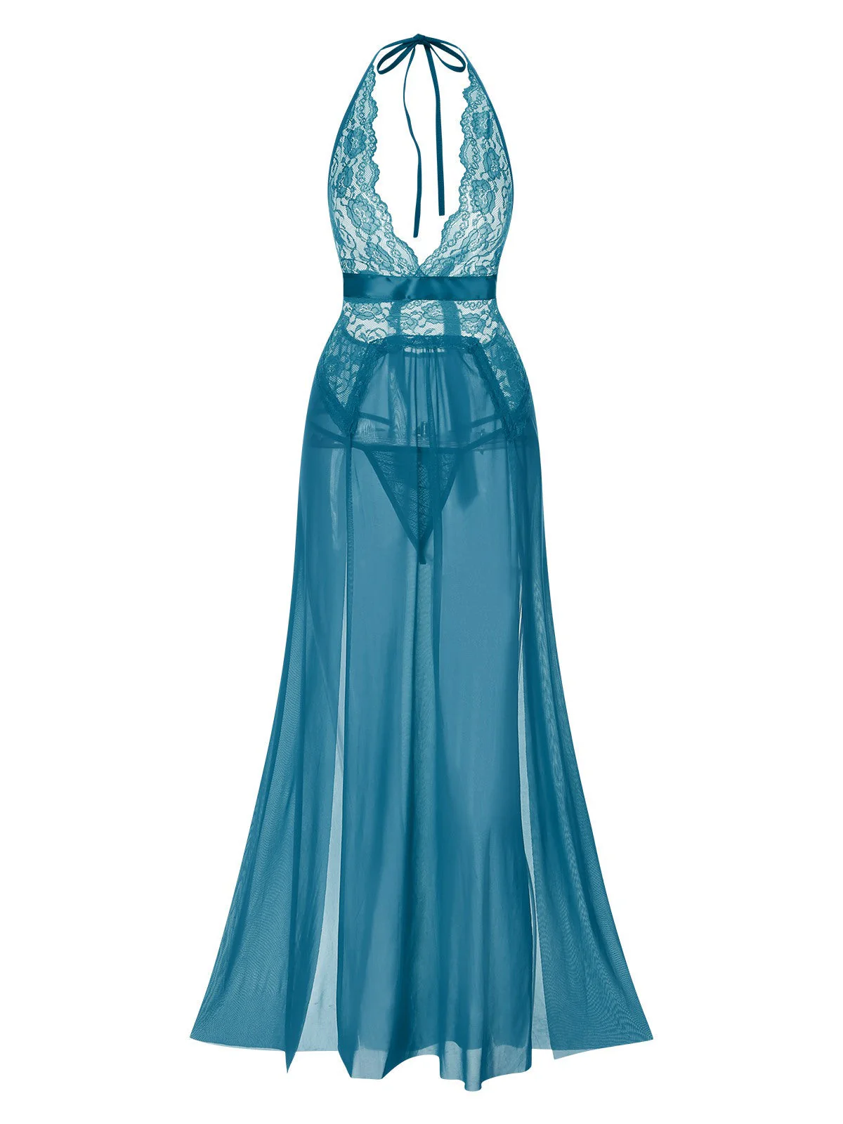 Blau 1970er Halter Sheer Spitze Schlitz Lang Nachthemd - Image 2