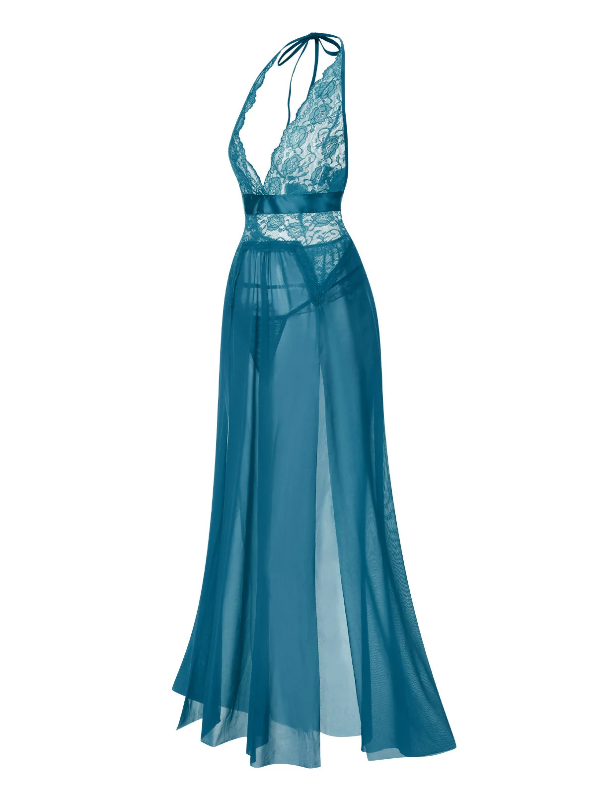 Blau 1970er Halter Sheer Spitze Schlitz Lang Nachthemd - Image 3