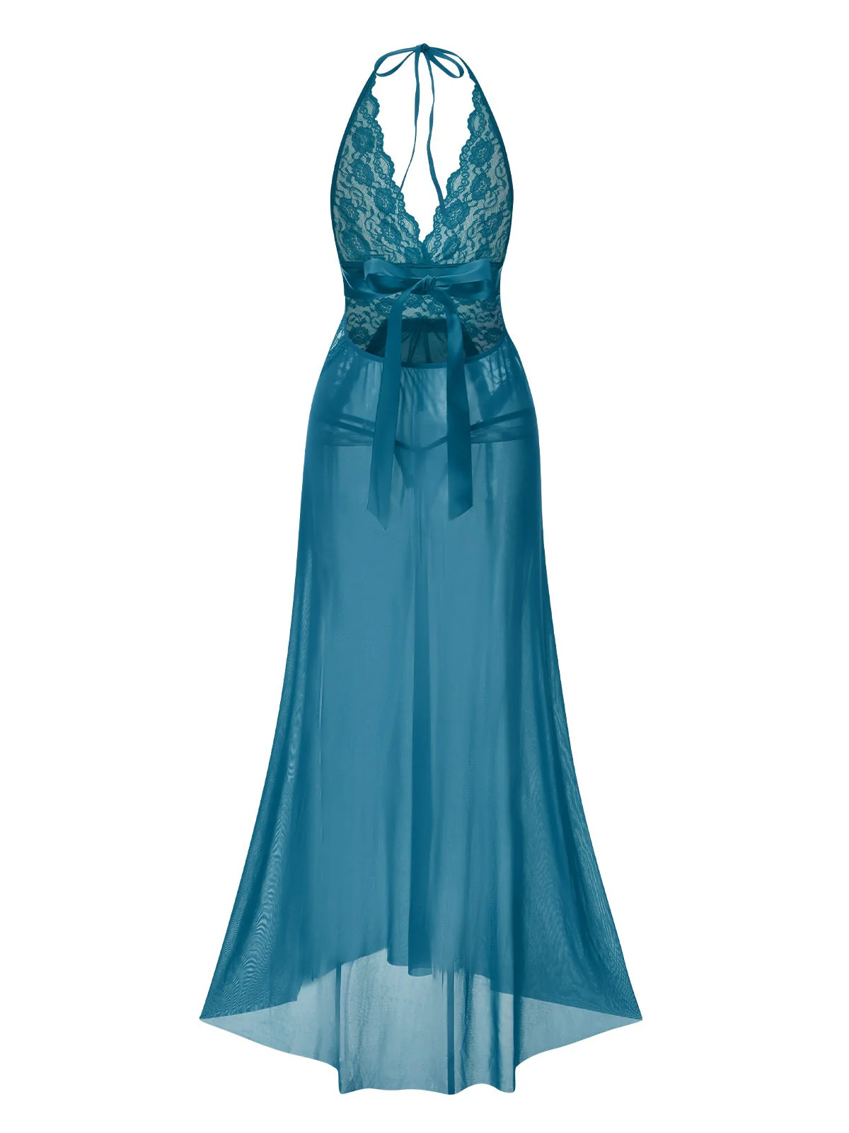 Blau 1970er Halter Sheer Spitze Schlitz Lang Nachthemd - Image 4