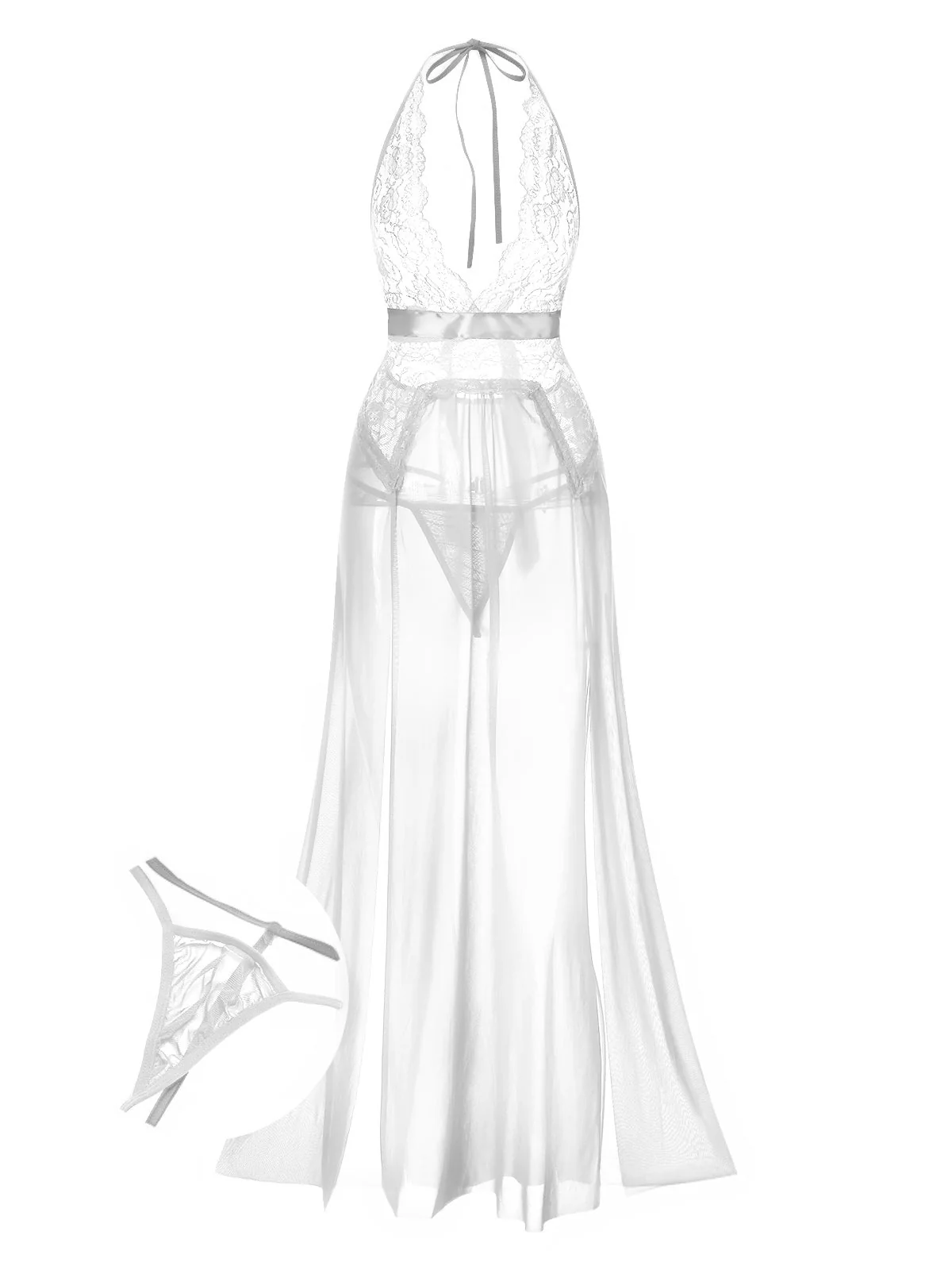 Blau 1970er Halter Sheer Spitze Schlitz Lang Nachthemd - Image 5