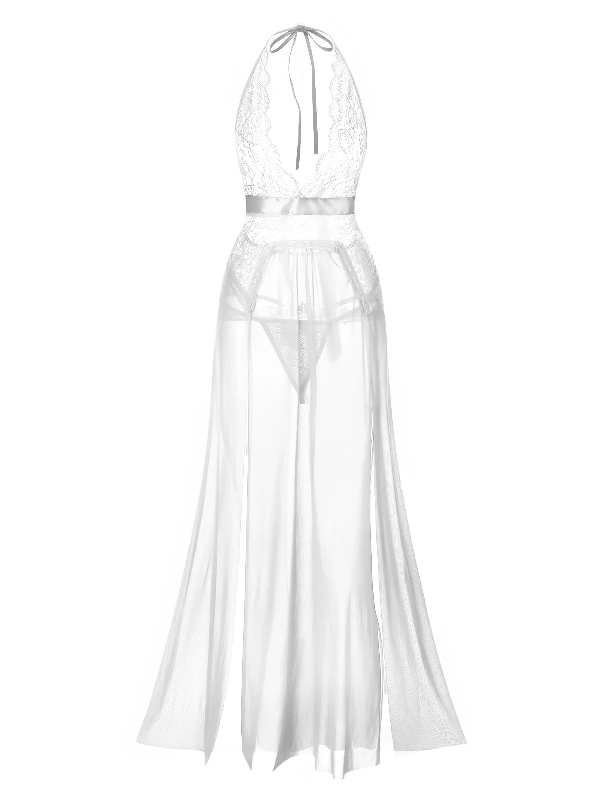 Blau 1970er Halter Sheer Spitze Schlitz Lang Nachthemd - Image 6