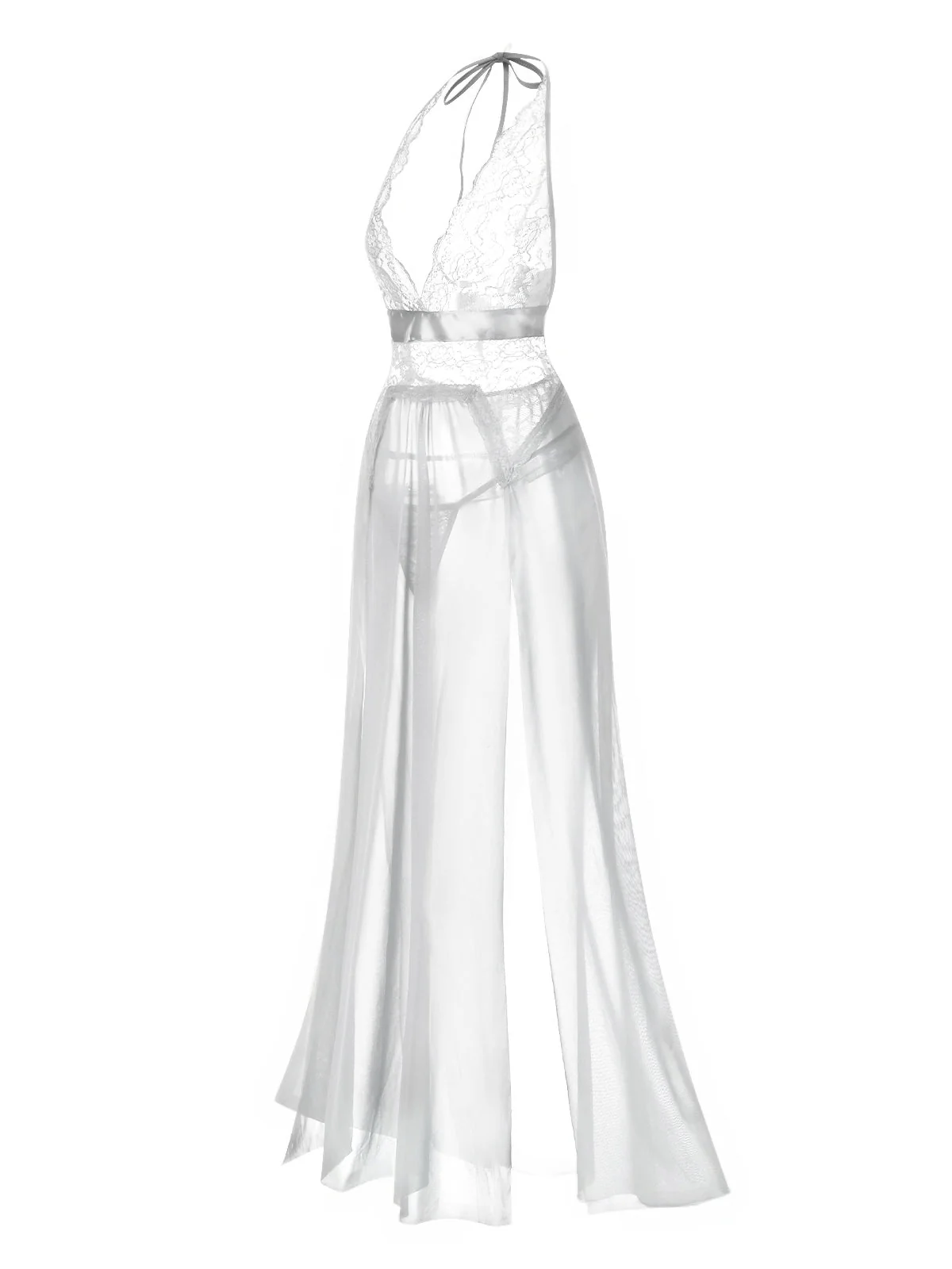 Blau 1970er Halter Sheer Spitze Schlitz Lang Nachthemd - Image 7