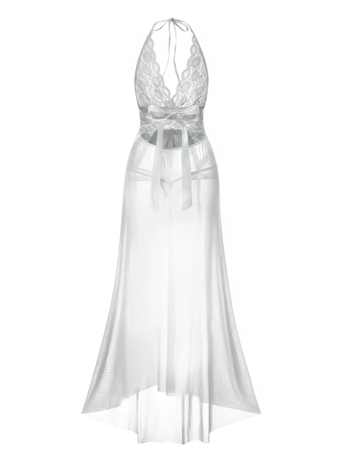 Blau 1970er Halter Sheer Spitze Schlitz Lang Nachthemd - Image 8