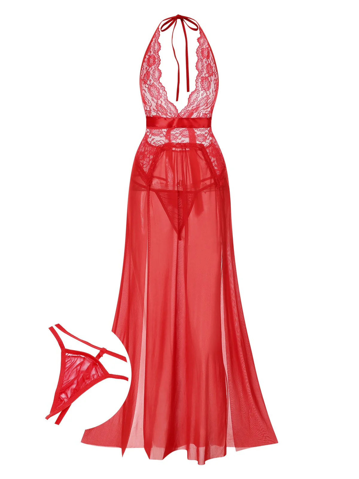 Blau 1970er Halter Sheer Spitze Schlitz Lang Nachthemd - Image 9
