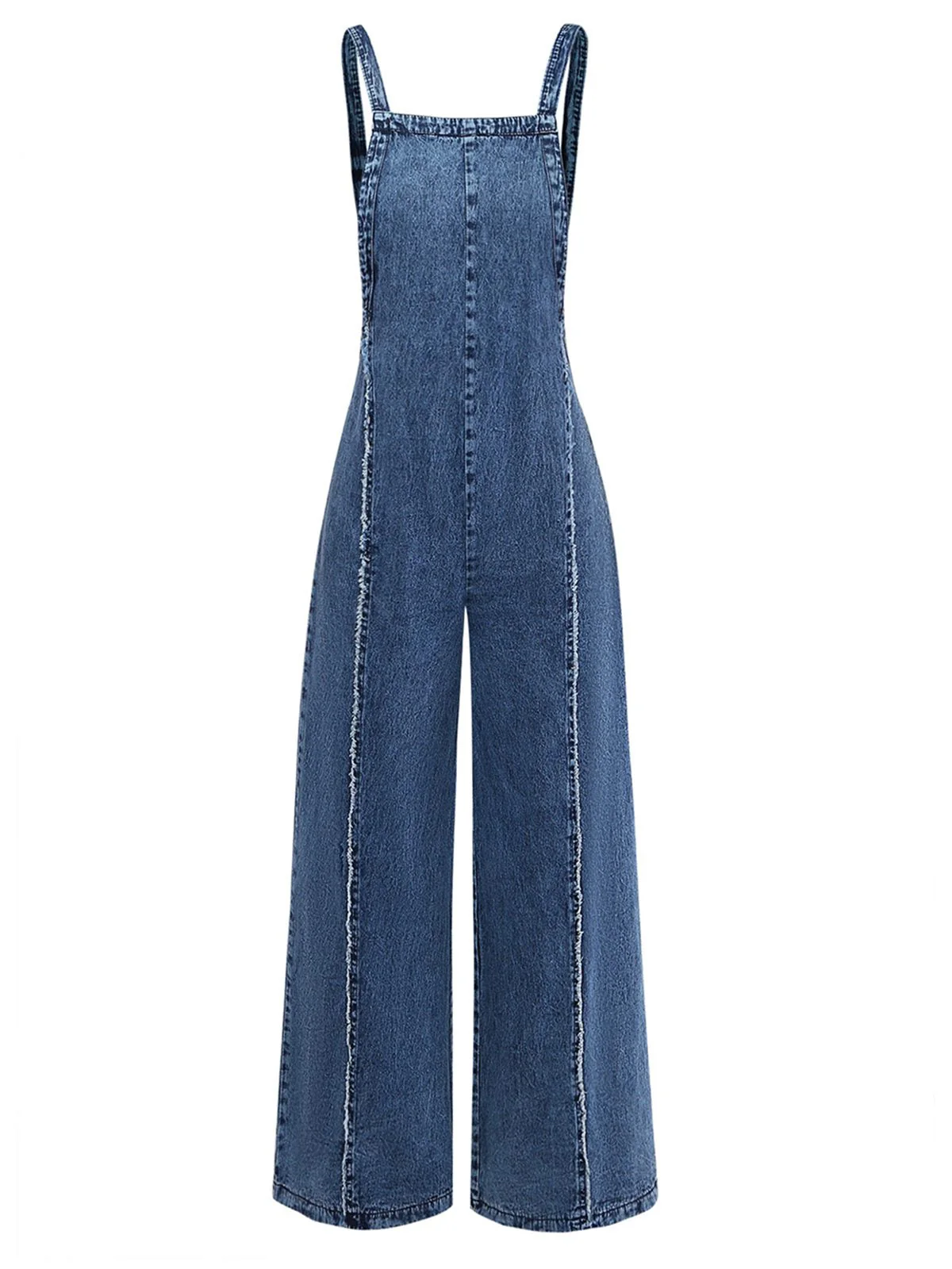 Blau 1970er Jeansstoff Weites Bein Overalls Ausgefranst Jumpsuit - Image 2