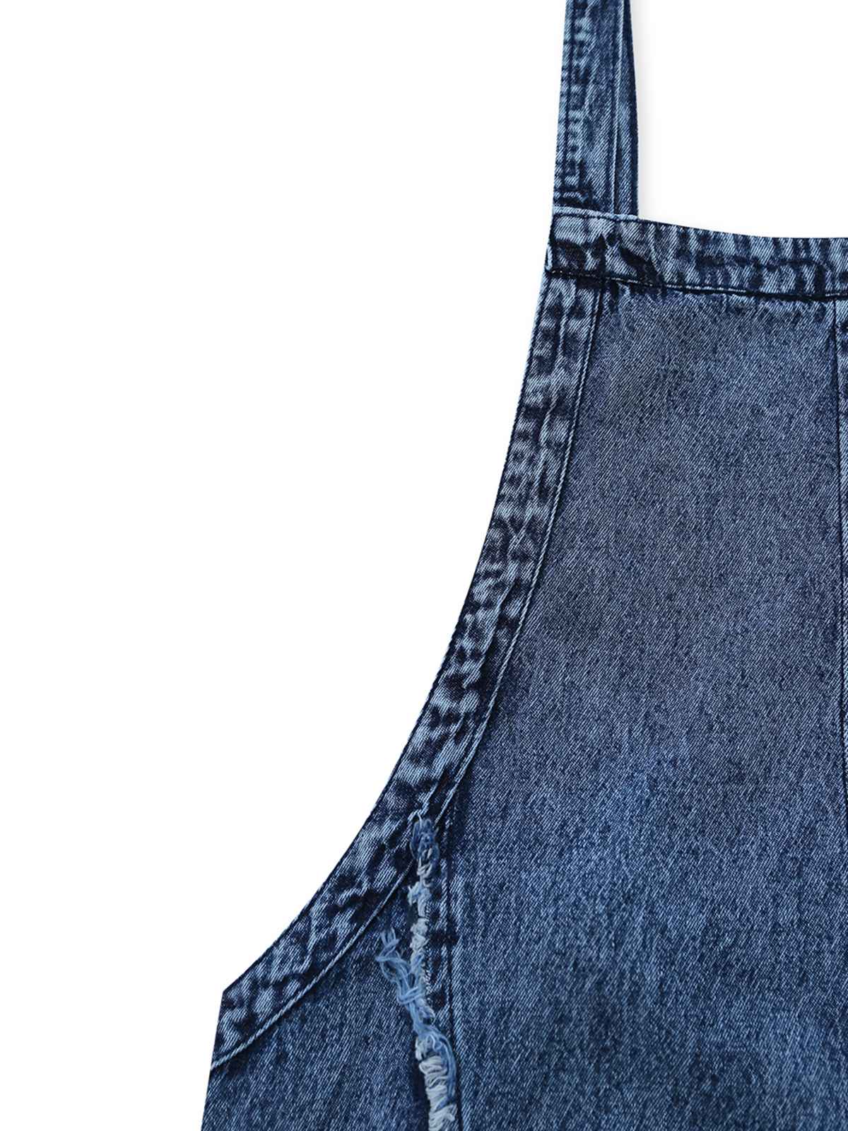Blau 1970er Jeansstoff Weites Bein Overalls Ausgefranst Jumpsuit - Image 5