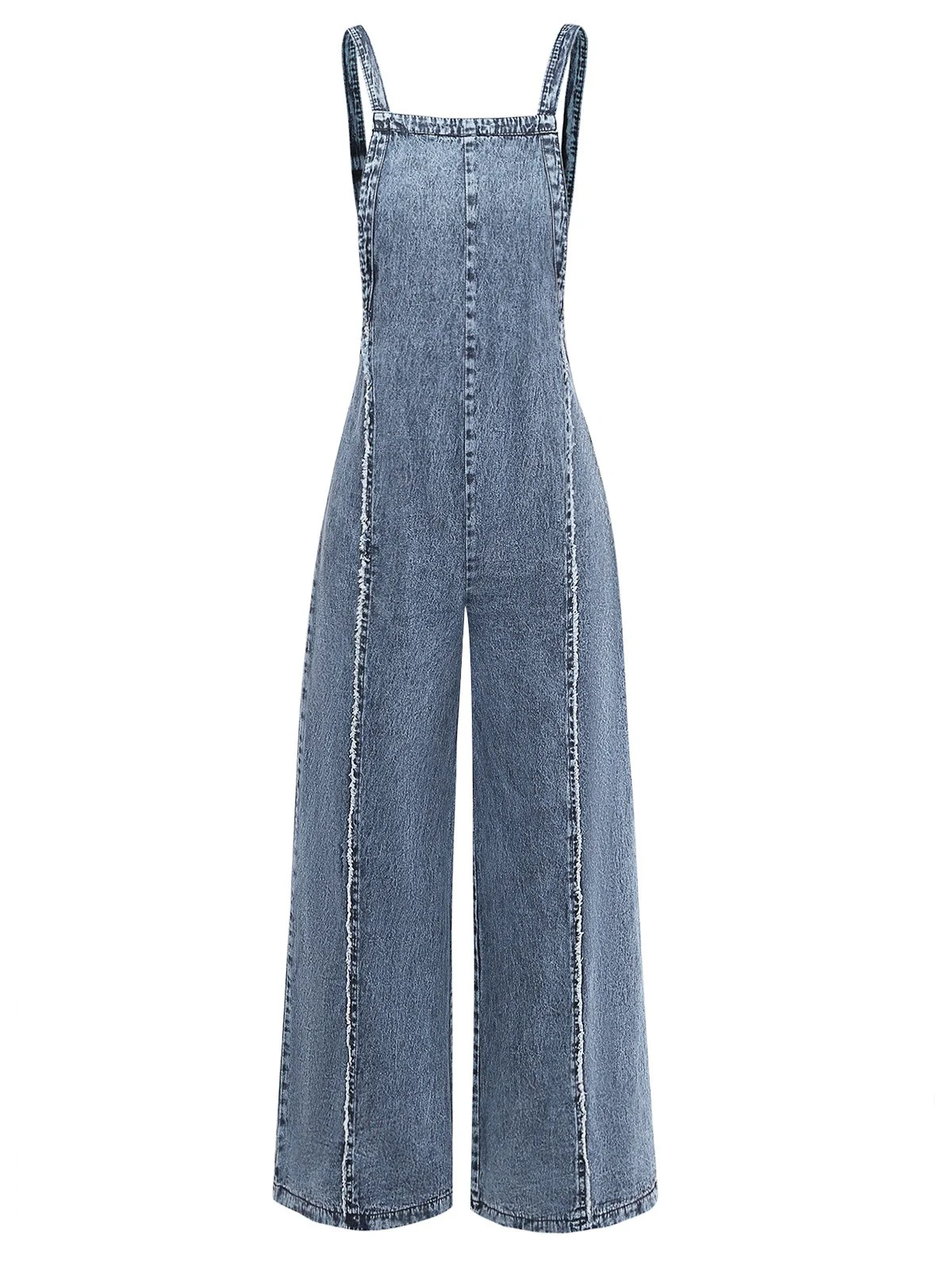 Blau 1970er Jeansstoff Weites Bein Overalls Ausgefranst Jumpsuit - Image 8