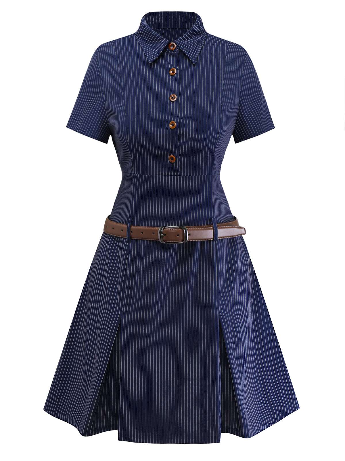 [Vorverkauf] Blau 1970er Nadelstreifen Plissiertes Hemd Kragen Kleid - Image 3