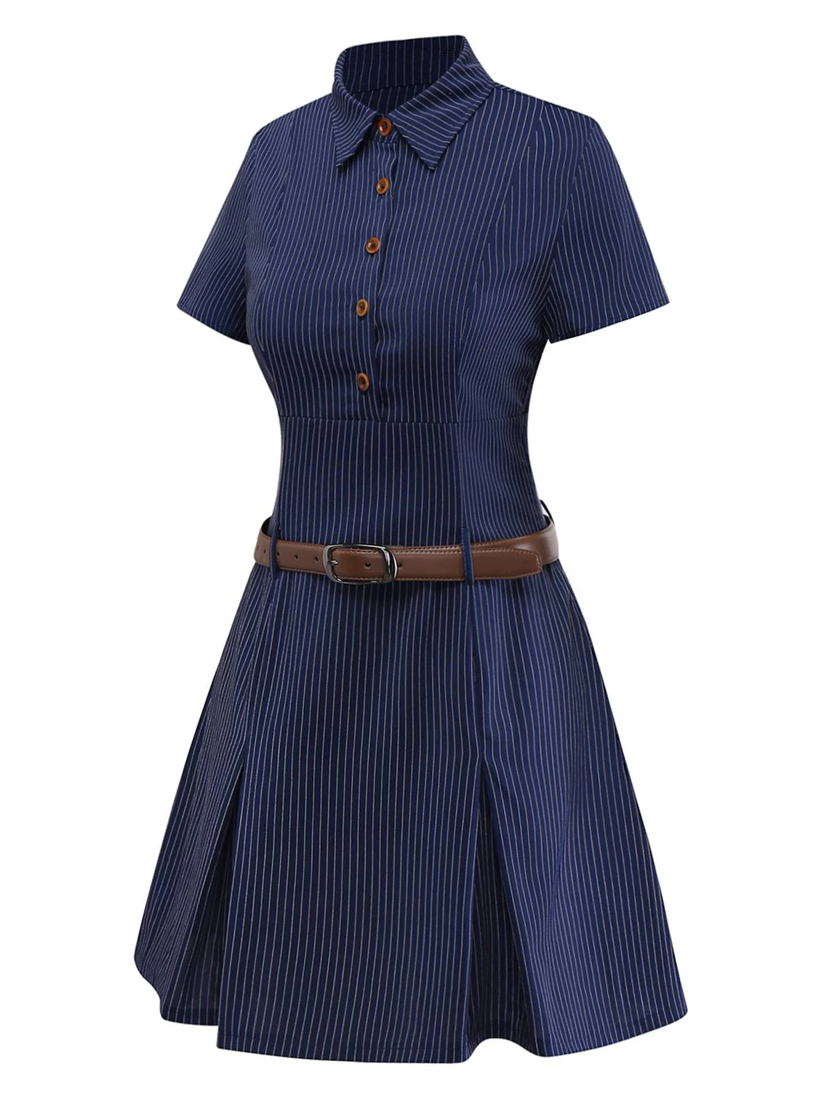 [Vorverkauf] Blau 1970er Nadelstreifen Plissiertes Hemd Kragen Kleid - Image 4