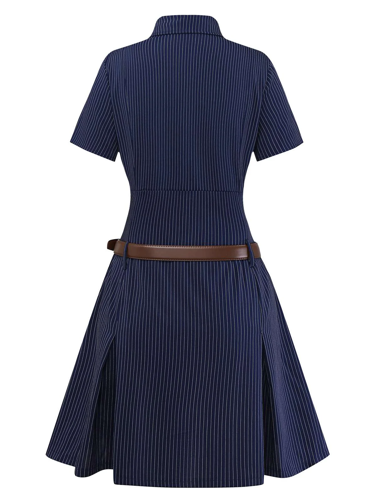 [Vorverkauf] Blau 1970er Nadelstreifen Plissiertes Hemd Kragen Kleid - Image 5