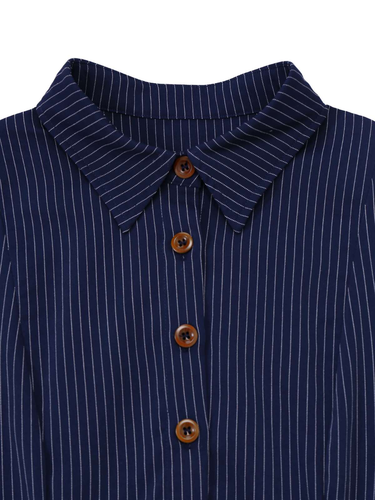 [Vorverkauf] Blau 1970er Nadelstreifen Plissiertes Hemd Kragen Kleid - Image 6