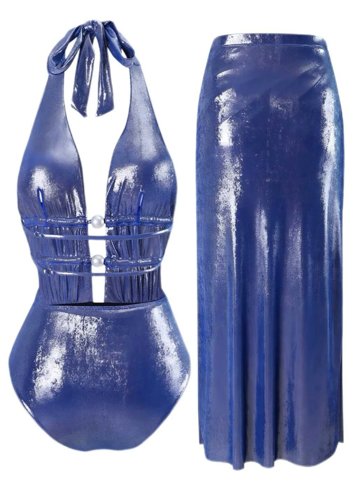 Blau 1970er Perle Schimmernd Halfter Badeanzug & Cover-Up - Image 4