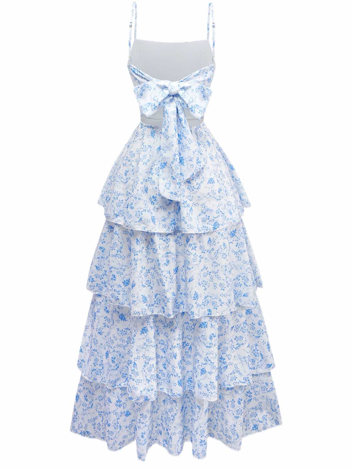 Blau 1970er Spaghetti Träger Blumen Stufenkleid - Image 2