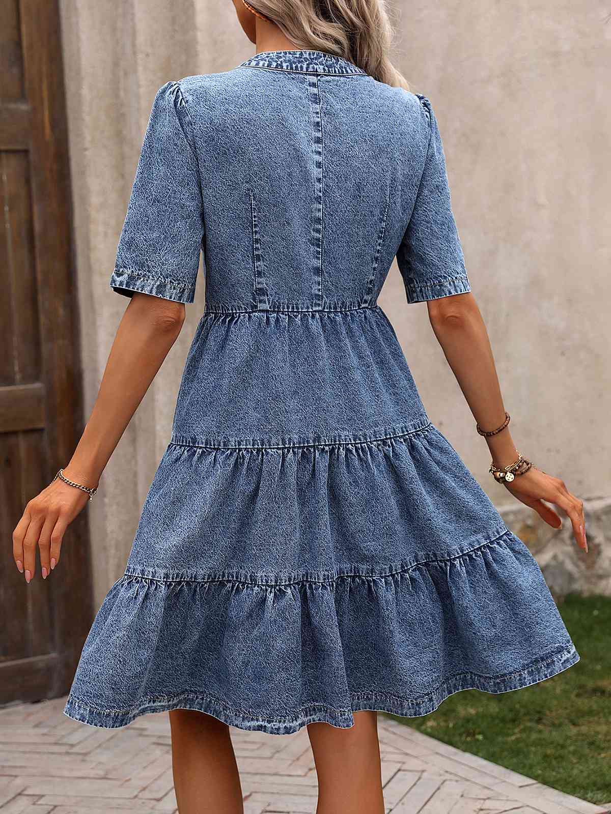 Blau 1970er V-Ausschnitt Halbe Ärmel Denim Kleid - Image 4