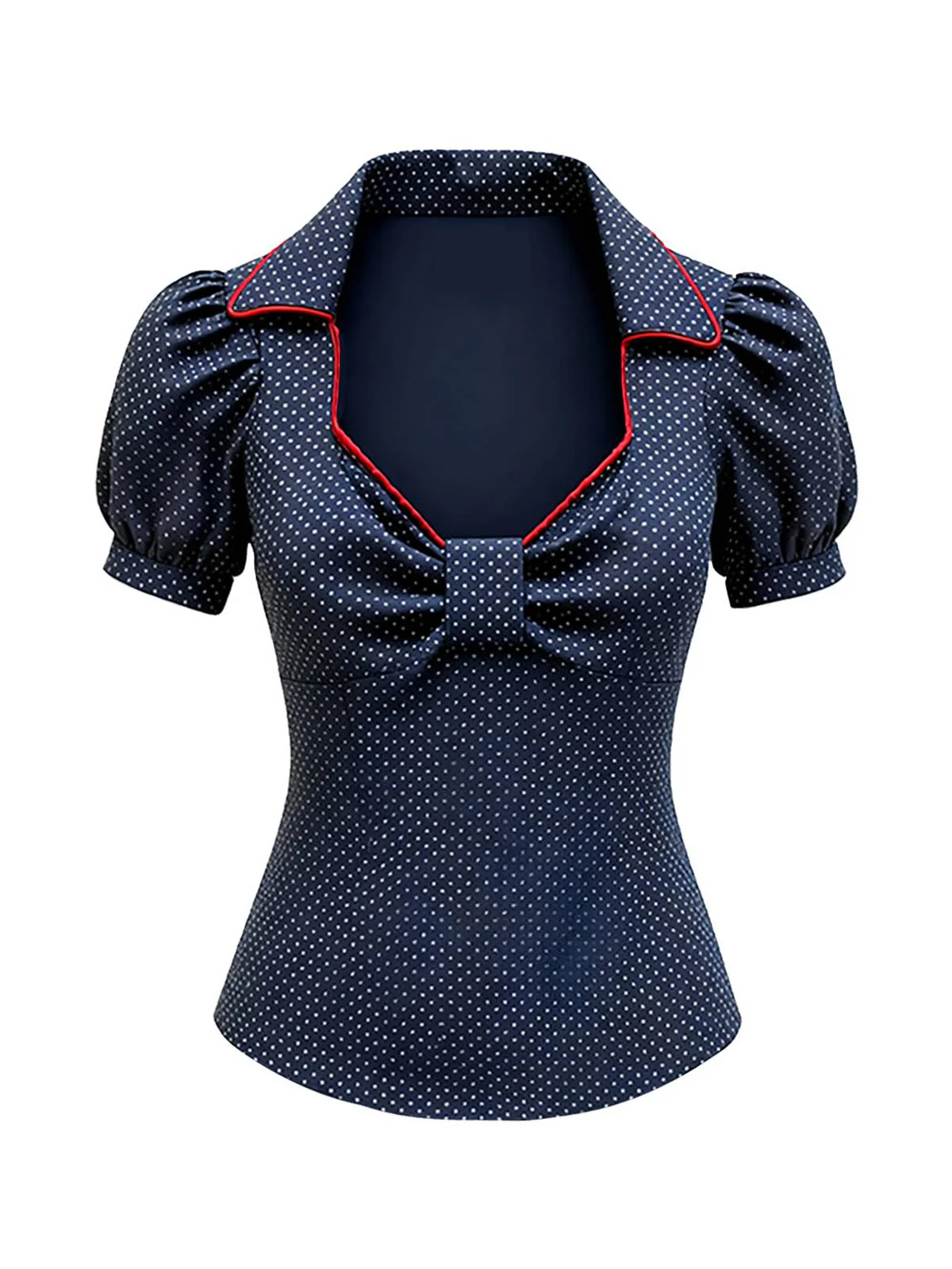 Blau 1980er Baumwolle Polka Dot Bogen Diamant Kragen Bluse