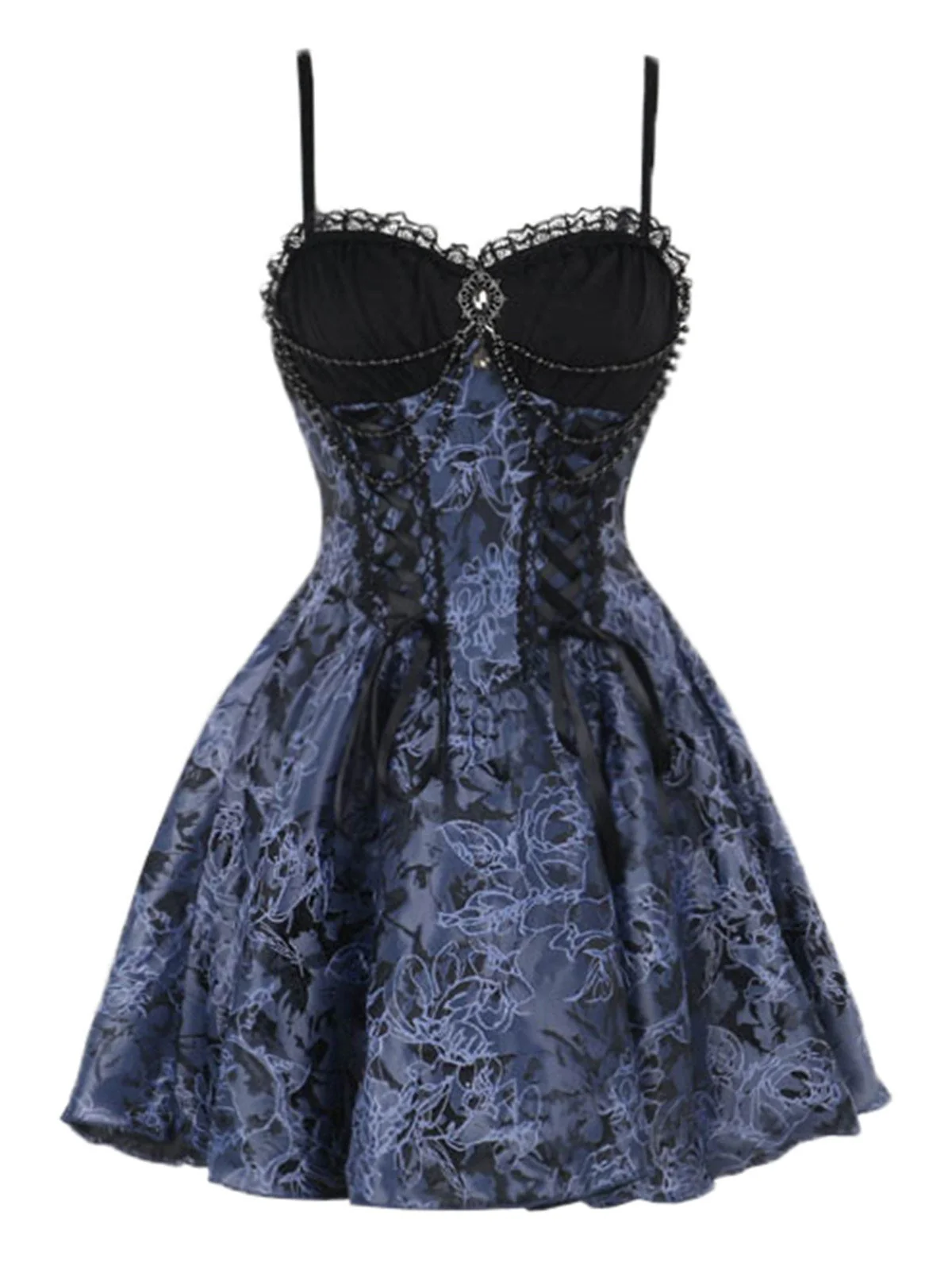 Blau 1980er Gotik Steampunk Blumen Drucken Spitze Patchwork Blase Kleid