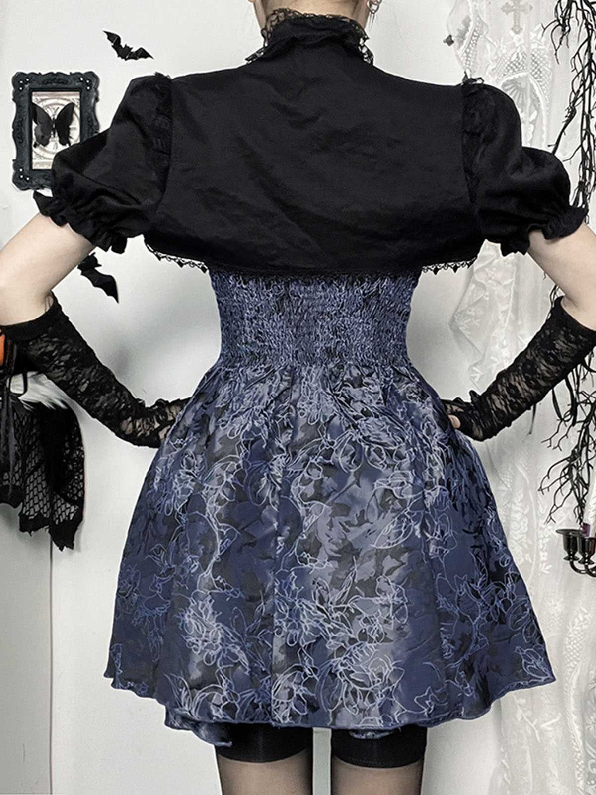 Blau 1980er Gotik Steampunk Blumen Drucken Spitze Patchwork Blase Kleid - Image 3