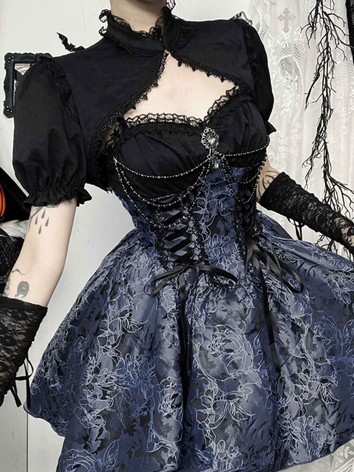 Blau 1980er Gotik Steampunk Blumen Drucken Spitze Patchwork Blase Kleid - Image 4