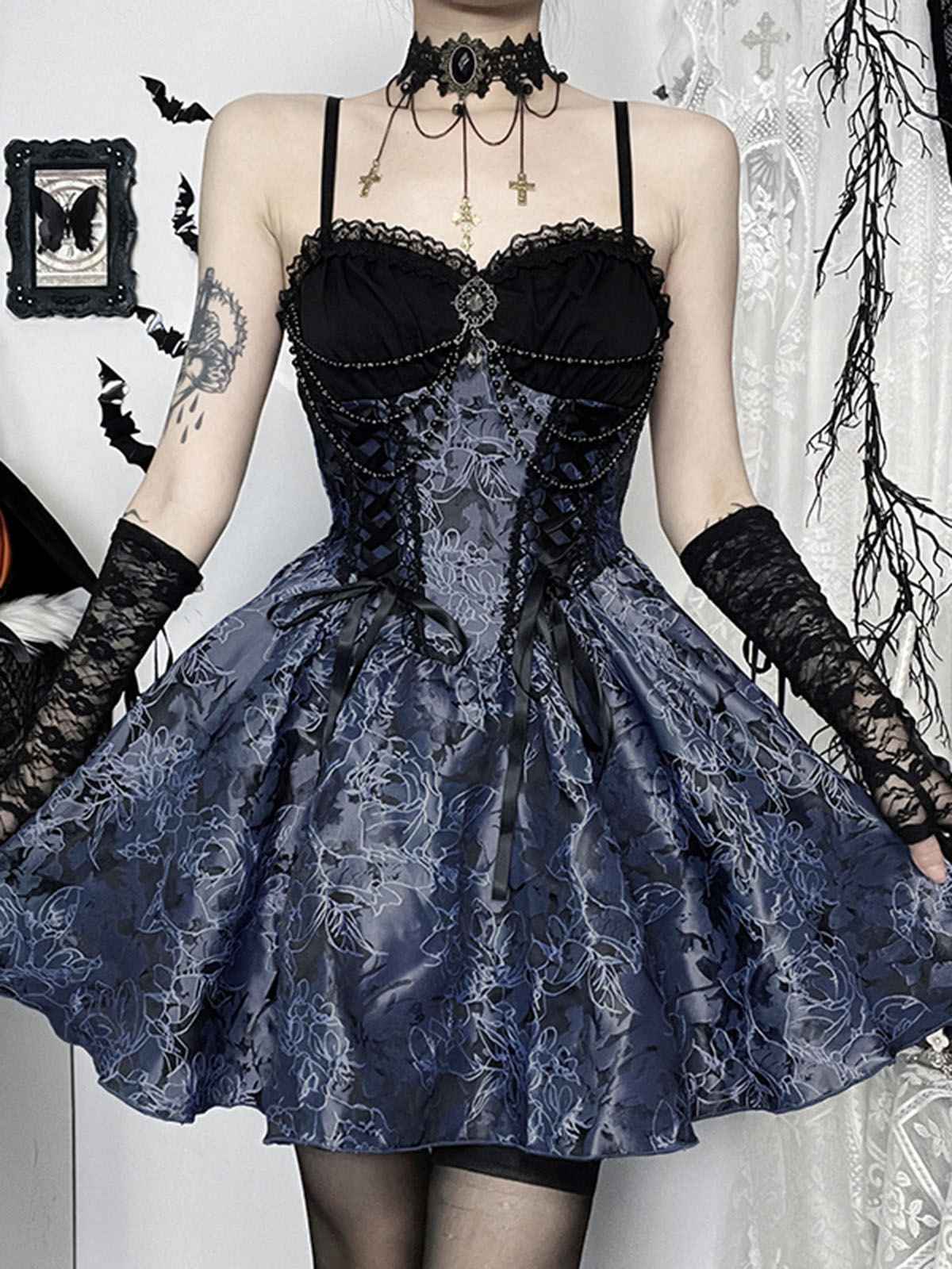Blau 1980er Gotik Steampunk Blumen Drucken Spitze Patchwork Blase Kleid - Image 5