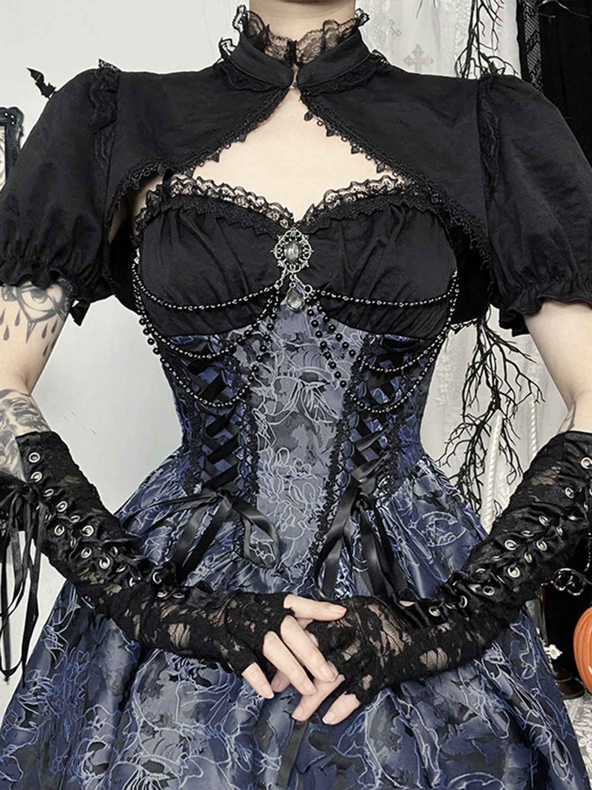 Blau 1980er Gotik Steampunk Blumen Drucken Spitze Patchwork Blase Kleid - Image 6