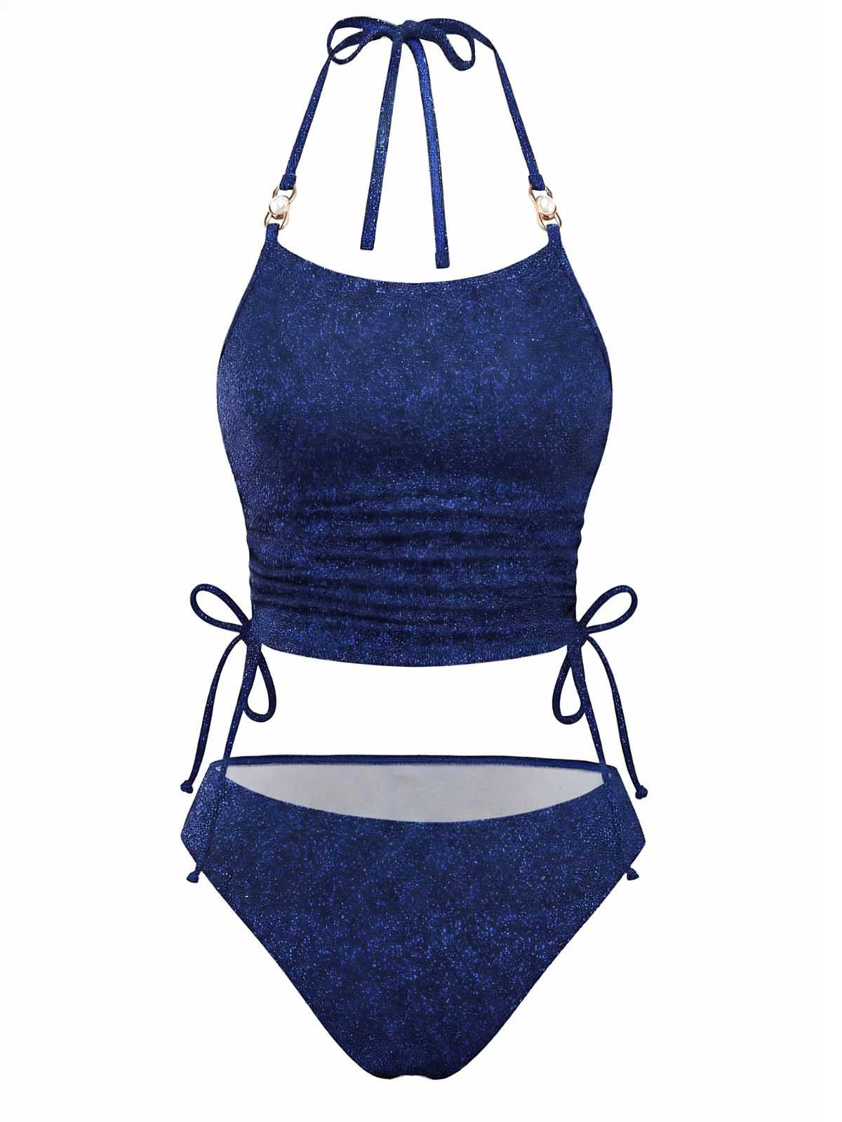 Blau 1980er Halter Perlen Pailletten Schimmernd Tankini Set - Image 2