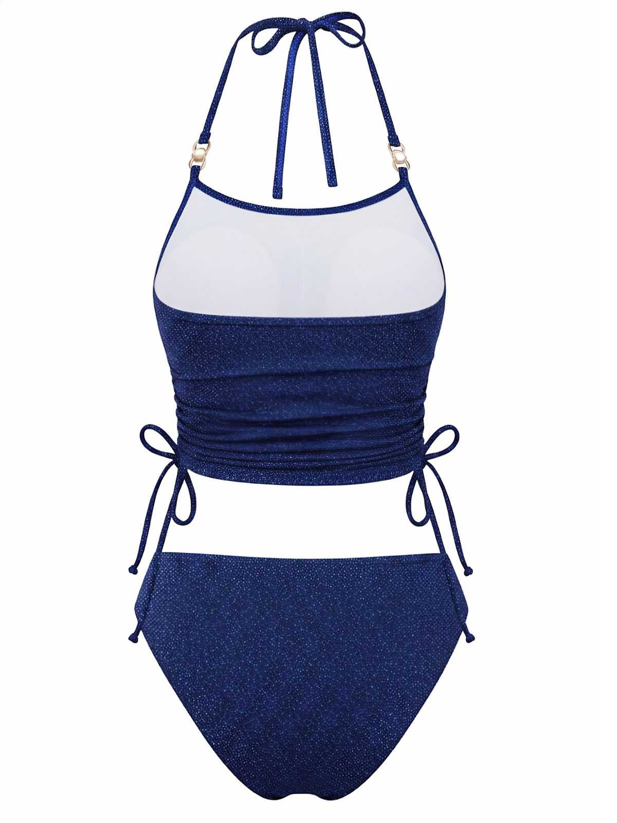 Blau 1980er Halter Perlen Pailletten Schimmernd Tankini Set - Image 3