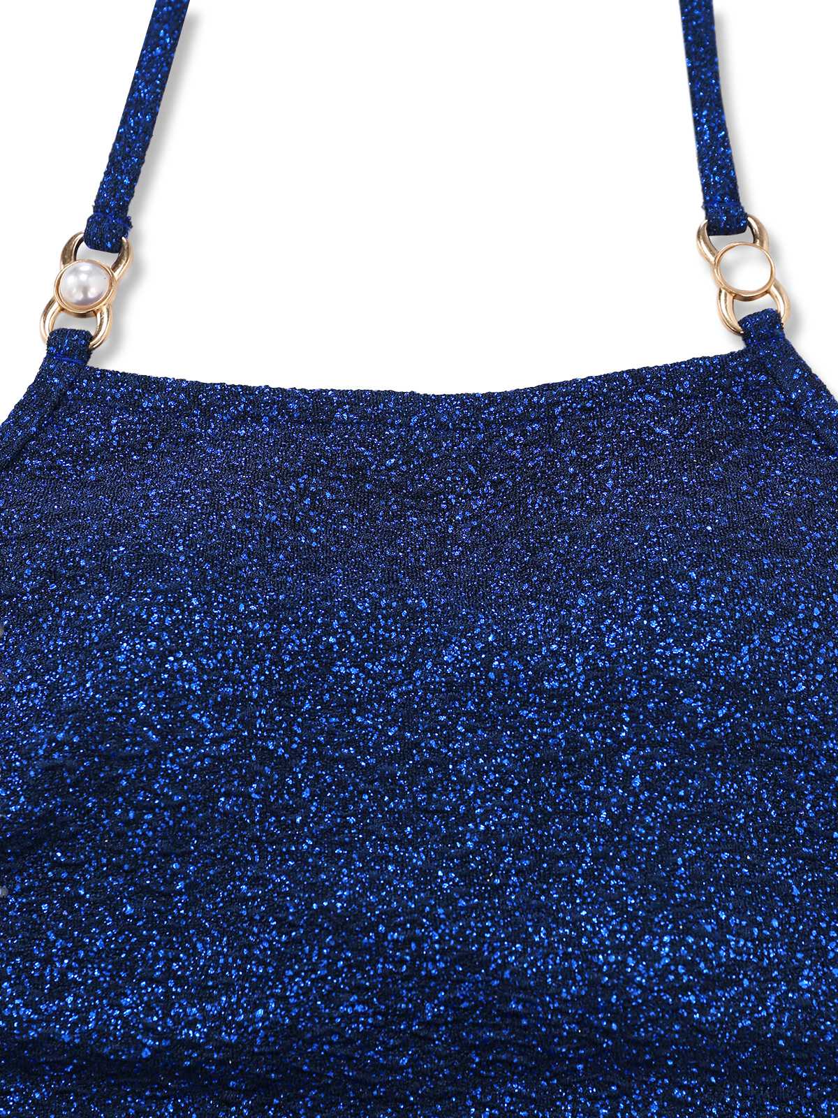 Blau 1980er Halter Perlen Pailletten Schimmernd Tankini Set - Image 4